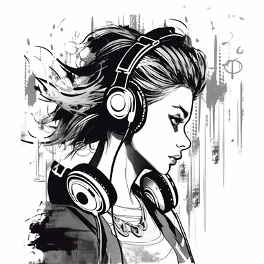 black&white, vector, clipart, manga 90's style draw, clear line, young girl from profile, whit big headphones on head, soundwave in background