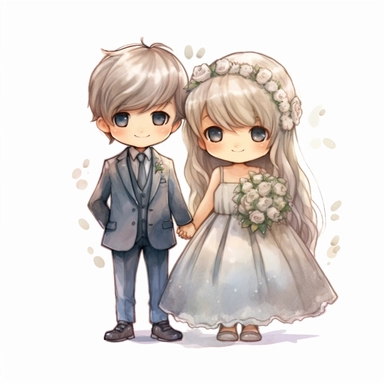 full body Little bride and groom, Watercolor Clipart, strybk, full Illustration, 4k, sharp focus, watercolor, smooth soft skin, symmetrical, soft lighting, detailed face, concept art, muted colors, watercolor style, strybk, children's style fairy tales, chibi kawaii, . Octane rendering, 3d. Perfect face, detailed face, delicate face, perfect sharp lips, detailed eyes. Craig Davison, Aubrey Beardsley, Conrad Roset, Aikut Aidogdu, Agnes Cecil, watercolor style
