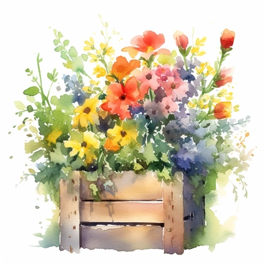 clipart, a watercolor painting of a wooden flower box filled with beautiful flowers and plants, in the style of yanjun cheng, colorful animations, rough clusters, clean and simple designs, leica cl, warm color palettes, colorful washes, white background--ar 34:33