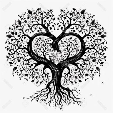 TREE CLIPART STYLE, VECTOR, long roots, heart-shaped treetop, in black,