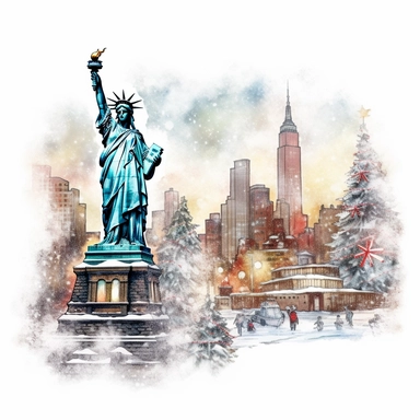 Christmas eve in New York, style by Thomas Kinkade, statue of liberty in background, watercolor, smooth gradients, black contour outline, ultra detailed, clipart elements, vibrant colors, solid white background, super clear, high quality