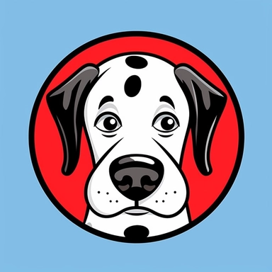 logo, 8K dalmatian, head, facing front, cute, blue eyes, red circle frame, cartoon clipart, vector, bold line, white isolated background, high definition