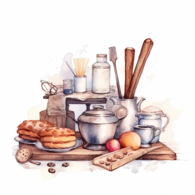 Still life illustration with kitchen equipment. Watercolor composition with baking tools, flour, eggs, butter, cinnamon sticks, cake on stand Bakery menu, pastry shop. Vintage rustic style clip art