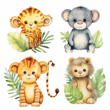 Watercolor baby jungle animals , illustrations clipart set, simple , cartoon elements, different variants , , separate elements with a margin