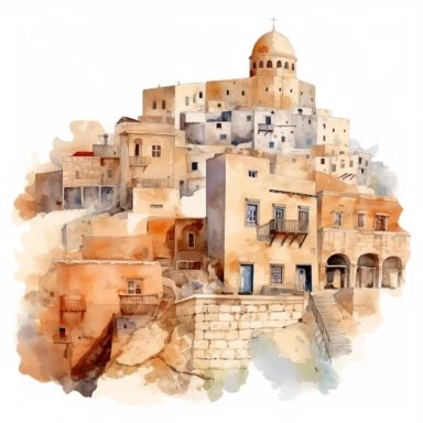 watercolor mardin town in turkiye, illustrations clipart set, simple, , cartoon elements ,different variants , historic stone houses,historic buildings, cobblestone lanes, tone facades of the buildings, Mardin's stone Alleyways separate elements with a margin
