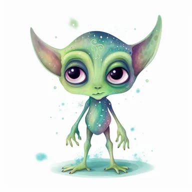 Cute fairy tale Alien in form of clipart on white background - The drawing alien has green skin with a pattern of sparkling stars on it. Its eyes are large and round with slitted pupils, and it has a single antenna on its head that twitches