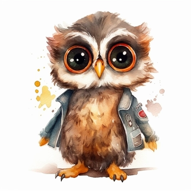 Cute oWL BABY, BEAUTIFUL big SHINING EYES ,HAPPY, dressed like doctor , Watercolor Little Animals Clipart, COLORFUL