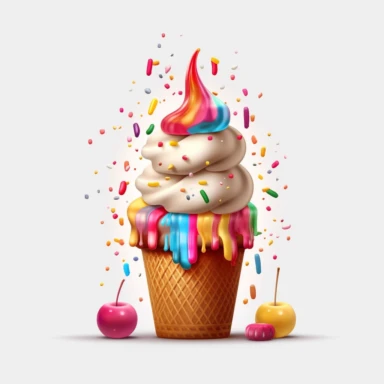 Generate a clipart image of a birthday cake with an ice cream theme. Incorporate elements like ice cream cones, scoops of ice cream, and colorful sprinkles to create a cake that resembles a giant ice cream sundae.