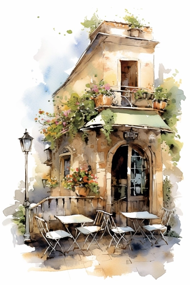 clipart, Watercolor painting, As the gentle breeze carries the faint scent of freshly brewed coffee, you find yourself captivated by the scene before you. Nestled among a quaint street lined with charming buildings, a picturesque cafe comes into view. The outdoor seating area beckons with its rustic charm, adorned with wrought-iron chairs and tables adorned with vibrant potted flowers. The centerpiece of the cafe is an intriguing structure, an architectural marvel that combines classic elegance 