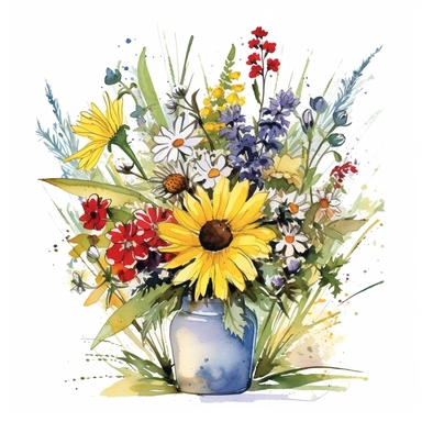 Water colour style, Meadow-Inspired bouquet , large Create a meadow-inspired arrangement by combining native UK and American flowers that bloom in meadows, Mix cowslips, cornflowers, and red campions from the UK with black-eyed Susans, goldenrods, and butterfly weeds from America, watercolour flower arrangement, clipart, vector, intermingled with greenery, white background, no captions, no vase, ar 2:2 repeat 5