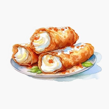 Cannoli: Crispy pastry tubes filled with sweet ricotta cheese, watercolor clipart illustration, flat blank transparent background, food photography, soft cinematic lights, juicy, bright, high quality, ultra detailed, 32k