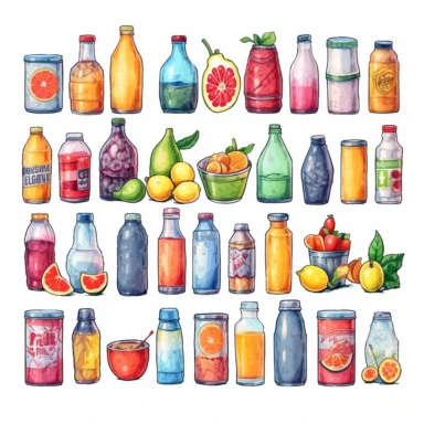 watercolor, Cold drinks set. Soda water, sweet fizzy beverages, fruit cocktails, juices, and lemonades in glass and plastic bottles, aluminum cans, and tins. png Full body realistic cartoon in 32K UHD cute. 15 cm thick outline. Black color. There was no shadow on the ground. 8k with realistic watercolors and detailed illustrations. PNG clipart, transparent white background