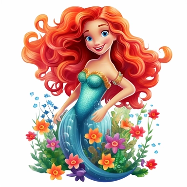 A beautiful smiling mermaid, highly detailed, long hair, beautiful flowers and coral, highly detailed tail, full body image, pixar style, clipart