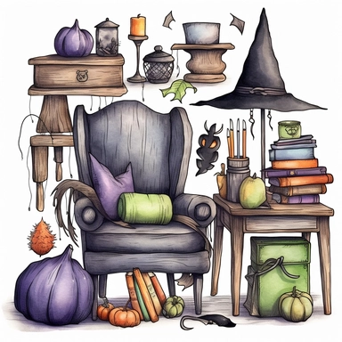 Cute witch furniture, ink and wash, watercolor Clipart, style by Lucy Fleming, watercolor, smooth gradients, black contour outline, ultra detailed, clipart elements, delicate pastel colors, solid white background, super clear, high quality