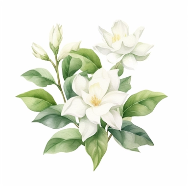 watercolor gardenia flowers clipart for wedding invitation card, hd, detailed, pastel color, clean line, on white background, spaced out
