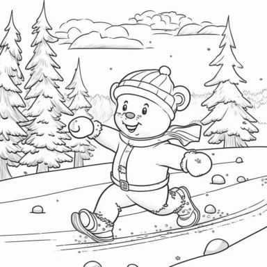 Coloring book page for kids, a Christmas tree, cute little bear in human costume, wearing Christmas hat, laughing, running on ski over the snow, clipart, cartoon kids style hand drawn line art, black and white