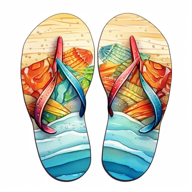 biological illustration, clip art, a pair of colorful flip-flops on a sandy beach, white background