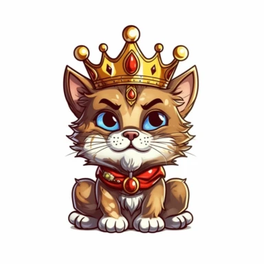 Cartoon king cat with crown clipart, high detail, illustration style, high solution, on the white background