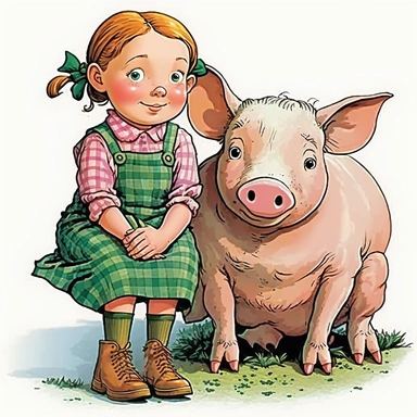 Ferne and Wilbur from Charlotte's Web clipart, bright colors, high quality, 8k, picturesque, for young kids