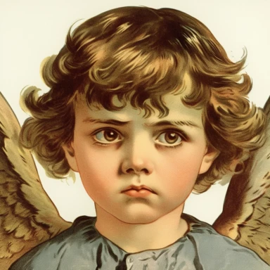 Vintage 1920 Portrait Shot View Of a Disgusted child head with Angel Wings Behind it Illustration , in the style of late 19th century, Chromolithograph, 1920s Illustration, Vintage, Chromolithograph, Colorful, Antique, Ephemera, Clipart, 8k, Isolated on white
