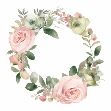 Create a circular or oval watercolor floral wreath using blush pink and rose pink roses, accompanied by sage green and olive green foliage. This versatile design can be adapted to various floral clipart by incorporating different flowers or foliage within the wreath, while maintaining the Romantic Blush color palette.
