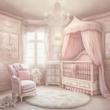 panoramic view, full view, beautiful elegant royal baby girl nursery room drawing painting, frilly, romantic, fantasy, ethereal, light pink and white colors, beautiful crib with beautiful full flowing canopy, beautiful bling crystal chandelier, soft pink teddy bear, beautiful large Victorian style window with beautiful pink flowing drapes, faux fur rug, sharp focus, high detail, 8k, illustration clipart style, transparent background