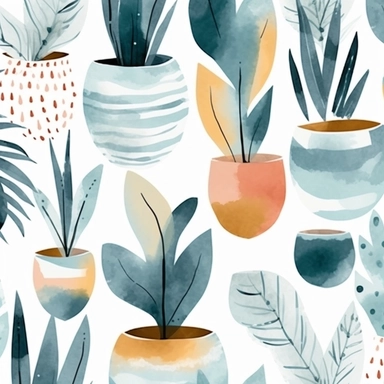 seamless pattern, colorful abstract pot plant, modern art, light blue colors, watercolor clipart, white background, minimalist, abstract, simplistic