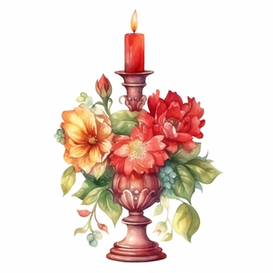 Watercolor one red Vintage candle holder with flowers as decoration Clipart, white isolated background, space out, hd, 8k, realistic
