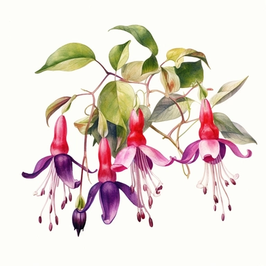 a watercolour painting of a fuchsia flower, in the style of uhd image, dansaekhwa, traditional, flourishing botanicals, exotic, white background, colorful, antique clipart, vibrant intense colors, photorealistic botanical satin drawing in the style of Pierre-Joseph Redoute