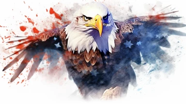 Watercolor American eagle, American Flag, Stars and Stripes, double exposure, integrated, red white and blue, unreal engine, splashed, clipart, white background
