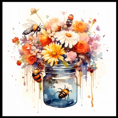 CLIPART OF AN AQUAREL PAINTING of a honey jar and bees surrounded by colored flowers, white background, hyperrealistic, studio light, 8K highly detailed, neon pastel color palette, retrofuturpunk, scattering, black and white balance, editorial photography