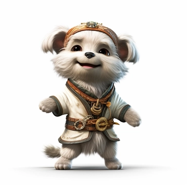 Adorable cute fantasy baby dog dressed like bard standing in dynamic pose,front view,fullbody,sharp through out,happy expression, nursery art, clipart image, lineart image, white background, very detailed, 8k, composition wide shot