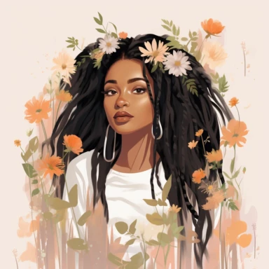llustration of black woman, with locs, surrounded by flowers, boho modern aesthetic, cottagecore, avacadopunk, florals, soft pastel tones, wearing nikes, flawless and clean line work, flat, low detail, clipart, white background