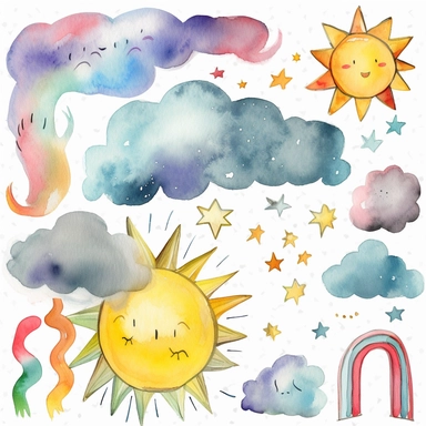 watercolor clipart graphics, weather theme, clouds, sun, rain, moon, wind, snow, lightning, sun, rainbow isolated elements, sticker set