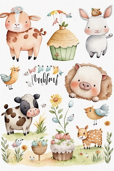 cute illustration, cartoon, vector, clipart set, happy birthday farm, lovely baby animals, sweet, aquarelle, pastel painting, fresh colors, classic Disney style, isolated, white background