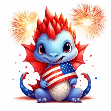 illustration of cute red baby dragon in red white and blue american flag colors, celebrating 4th of july with fireworks, clipart svg, white background