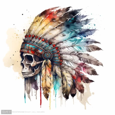 Hand Drawn Color Native American Indian Headdress With Human Skull Watercolor clipart