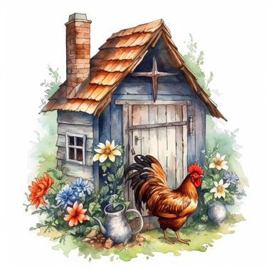 Watercolor clipart of a cute chicken coop, decorative, floral, colored pencil drawing, good composition, isolated white background, Sublimation Clipart,hyper realistic, intricate detail, illustration style,high solution,on the white background