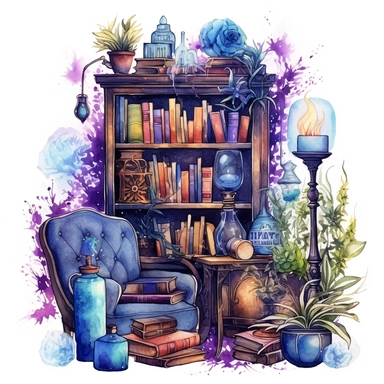 magical style wizard's magic reading corner with watercolor effect,suitable for digital clipart,magic tools,old magical books,gothic bookcase full of books,potion bottles,magic caulddon, gothic candles,white background,magical flowers,magical scene,fairy dark colours,green ,blue,purple,gothic details