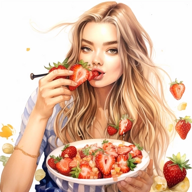 Commercial shot of ultra - realistic watercolor painting of a floral portrait of cute country cottagecore e girl eating delicious strawberry clipart, aesthetic, good looking food, delicious, yummy, foodie, healthy, white background no text, isolated on white, watercolor illustration, award winning, strong and sharp lines