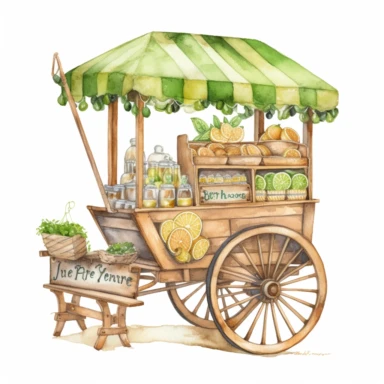 create a beatiful highly deatailed and saturated disney style watercolor clipart image of an old fashion wooden bakery cart selling key lime pies, white background, no text, no font