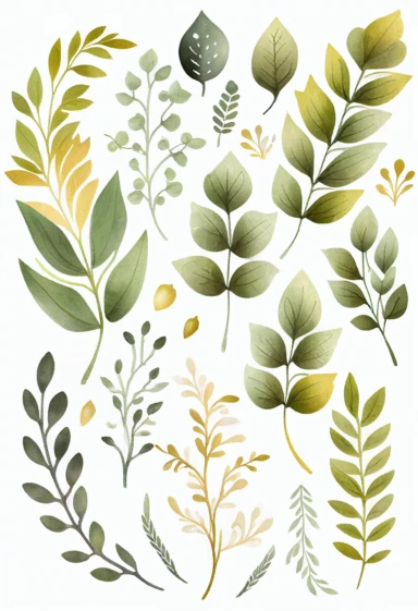 Watercolor clipart set with white background, branch cute leaves, cute and adorable, flat design, clearly defined separated image, light olive green color, high quality