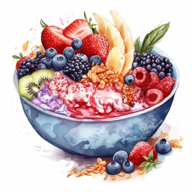 A watercolor clipart of a colorful smoothie bowl with toppings like granola, coconut flakes, and berries. The colors should be vibrant and fresh, and the details should be crisp enough to show the different layers and textures. The background could be a light wash of color to make the smoothie bowl stand out, white background
