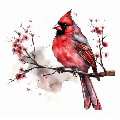 watercolor style, red cardinal sitting on a branch clipart, isolated on white background, hd