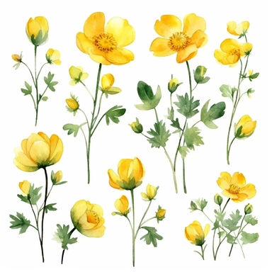 beautiful dainty buttercups flowers, boho watercolor clipart, solid white background, hard edges, smooth