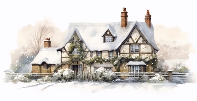 Cute English Cottage, snowy, watercolor clipart