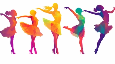 Colorful Simplistic Multiple Ballerina clip art of Female Dancers. Elegant Sophisticated Image depicting happy female dancer concentrating. No rouge faces. Each element of the Design is to be individual and totally separated and isolated on White Background, 2d Vector Clip Art for use in other designs