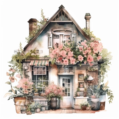 Vintage Watercolor floral Flower Shop house Clipart, make it detailed and creative, white background