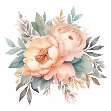 Dreamy pastel peony clipart against a pristine white background. The illustration features a whimsical pastel peony with layers of delicate petals and rich green foliage. The color palette includes soft shades of pink, peach, and mint green. The white background creates a fresh and contemporary setting, accentuating the peony's ethereal beauty. The lighting is soft and diffused, enhancing the flower's dreamlike qualities. The atmosphere exudes a sense of enchantment and elegance.