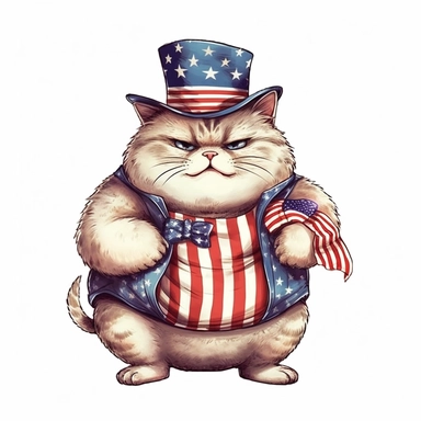 fat chubby cat on 4th of July dressed in America t-shirt, funny, very funny, clipart with crisp lines and white background